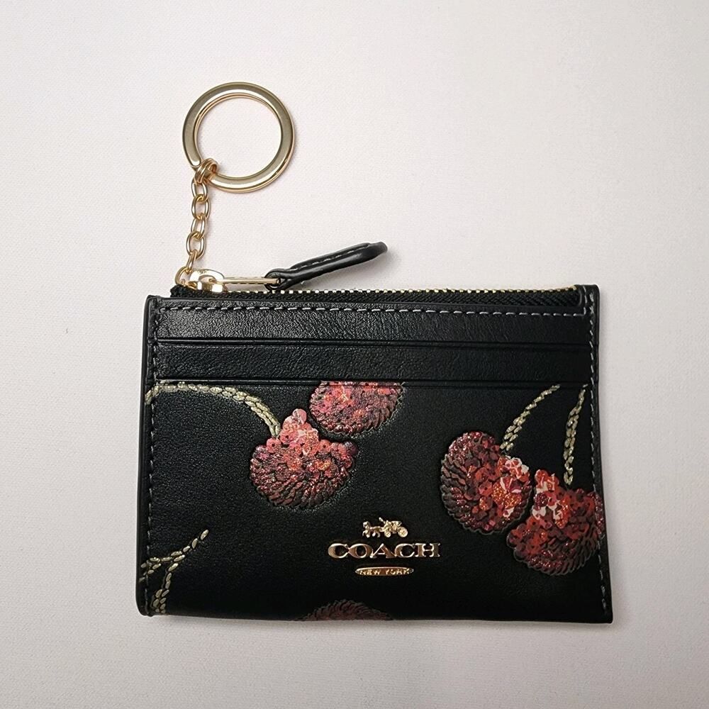 NWT COACH CDF83 Mini Skinny Id Case With Cherry Print Smooth Leather Black Multi
